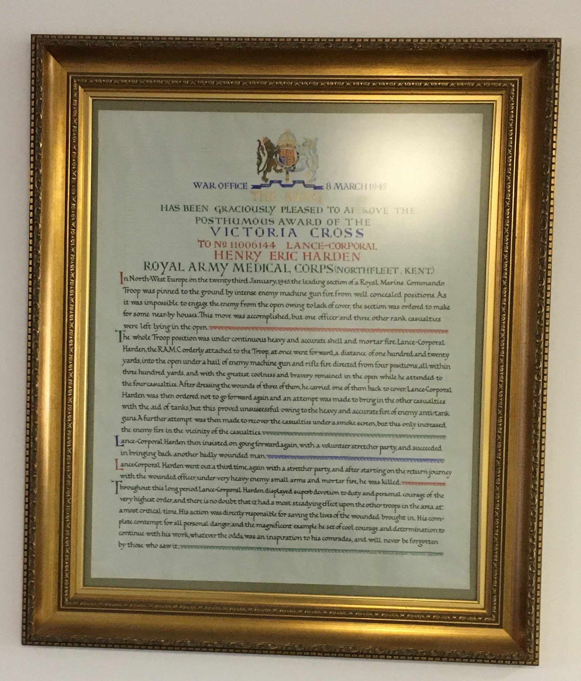 L/Cpl Henry Eric Harden V.C. painting and citation War